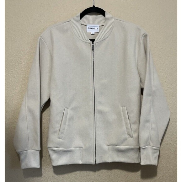 Olive + Oak Bomber jacket Cream Light‎ Tan Small Lightweight Faux Wool - Picture 1 of 7